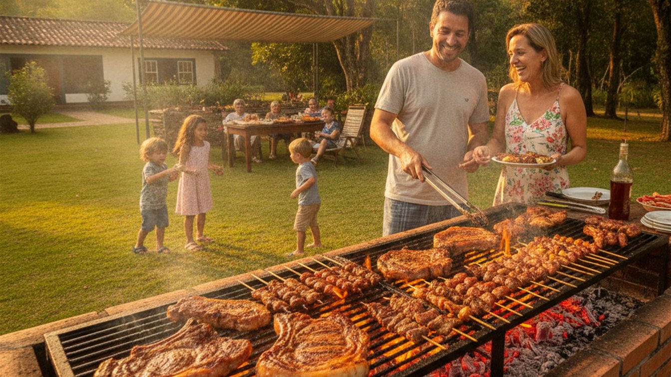 Familia reunida em torno do churrasco no Brasil