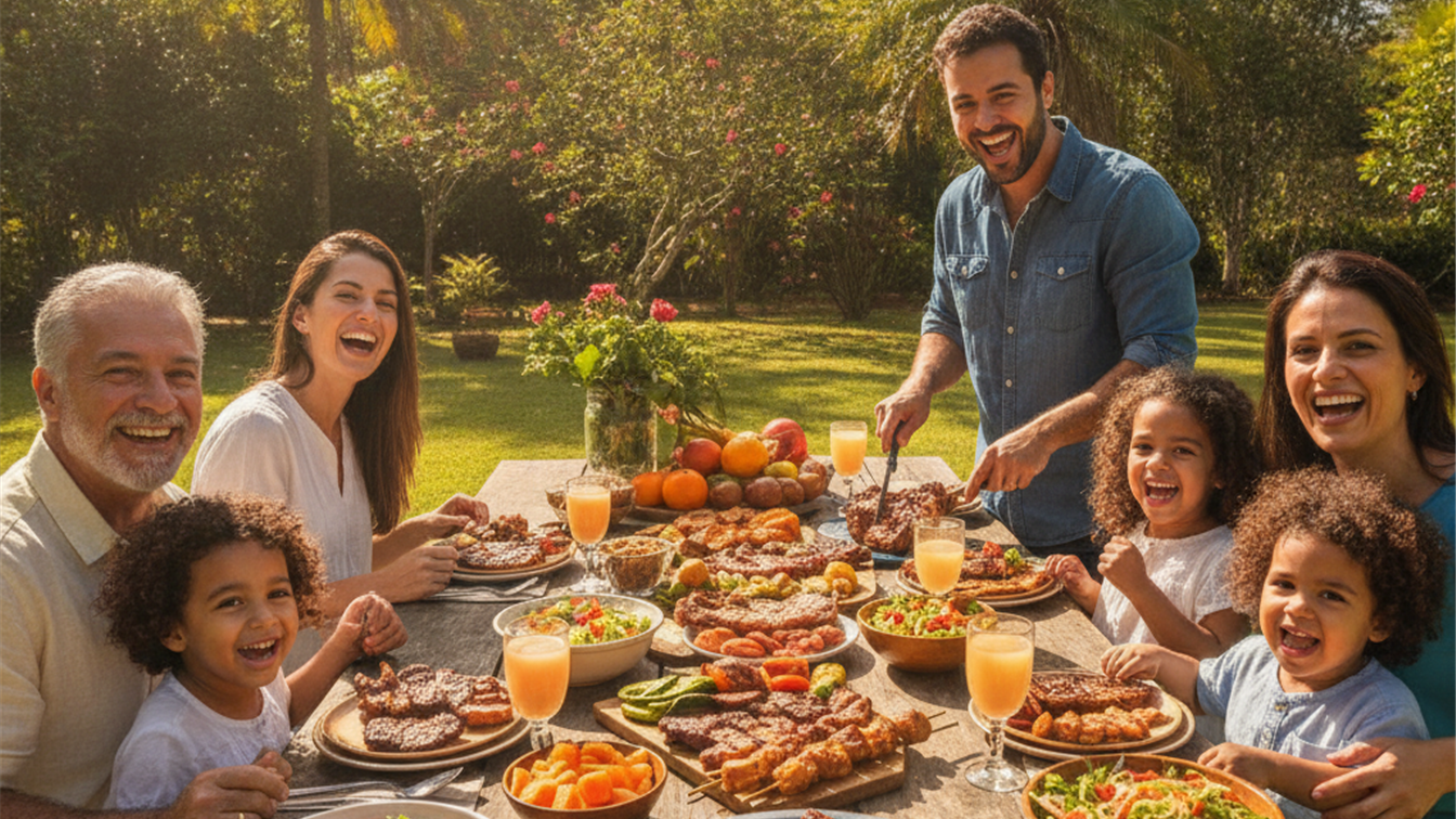 Familia brasileira em churrasco de primavera