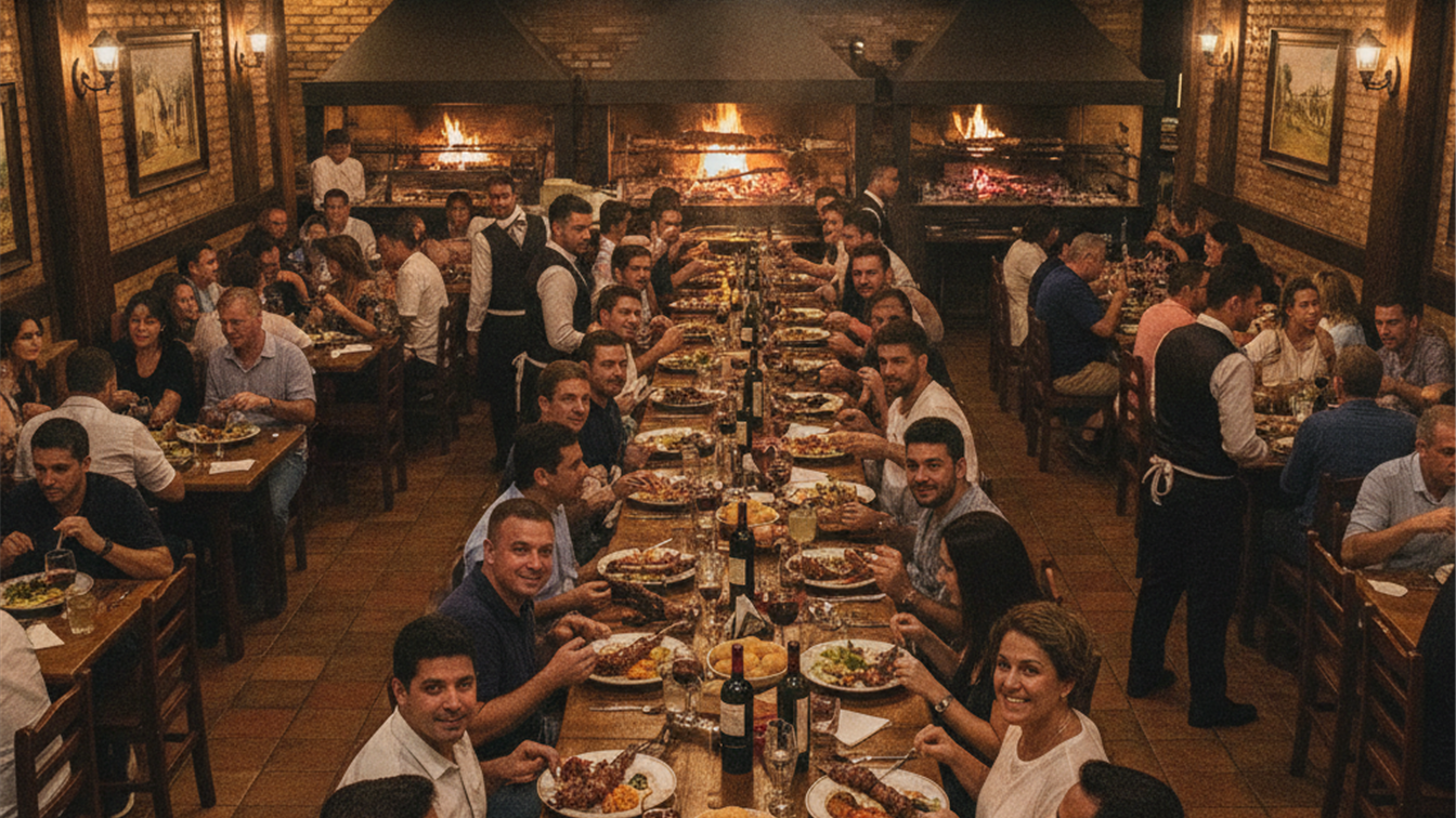 Churrascaria brasileira com clientes e garçons servindo carnes na brasa