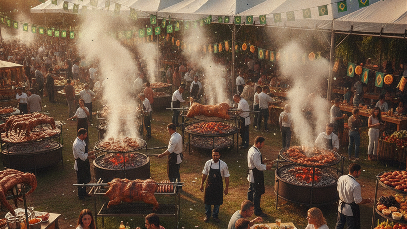 Festival de churrasco ao ar livre no Brasil com tendas e pessoas celebrando