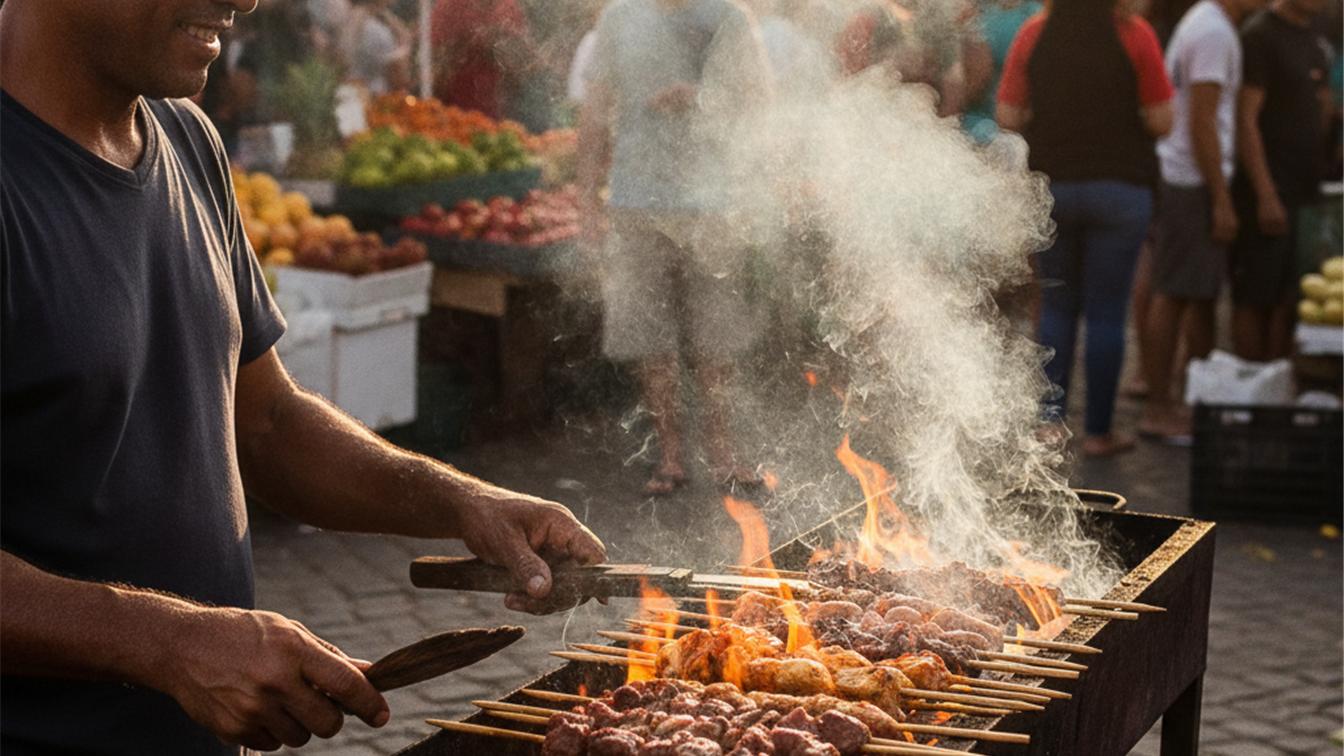 Espetinhos churrasco mercado de rua Brasil