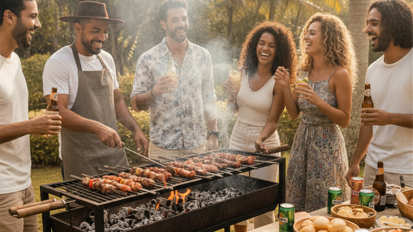 amigos churrasco espetinhos festa ao ar livre Brasil