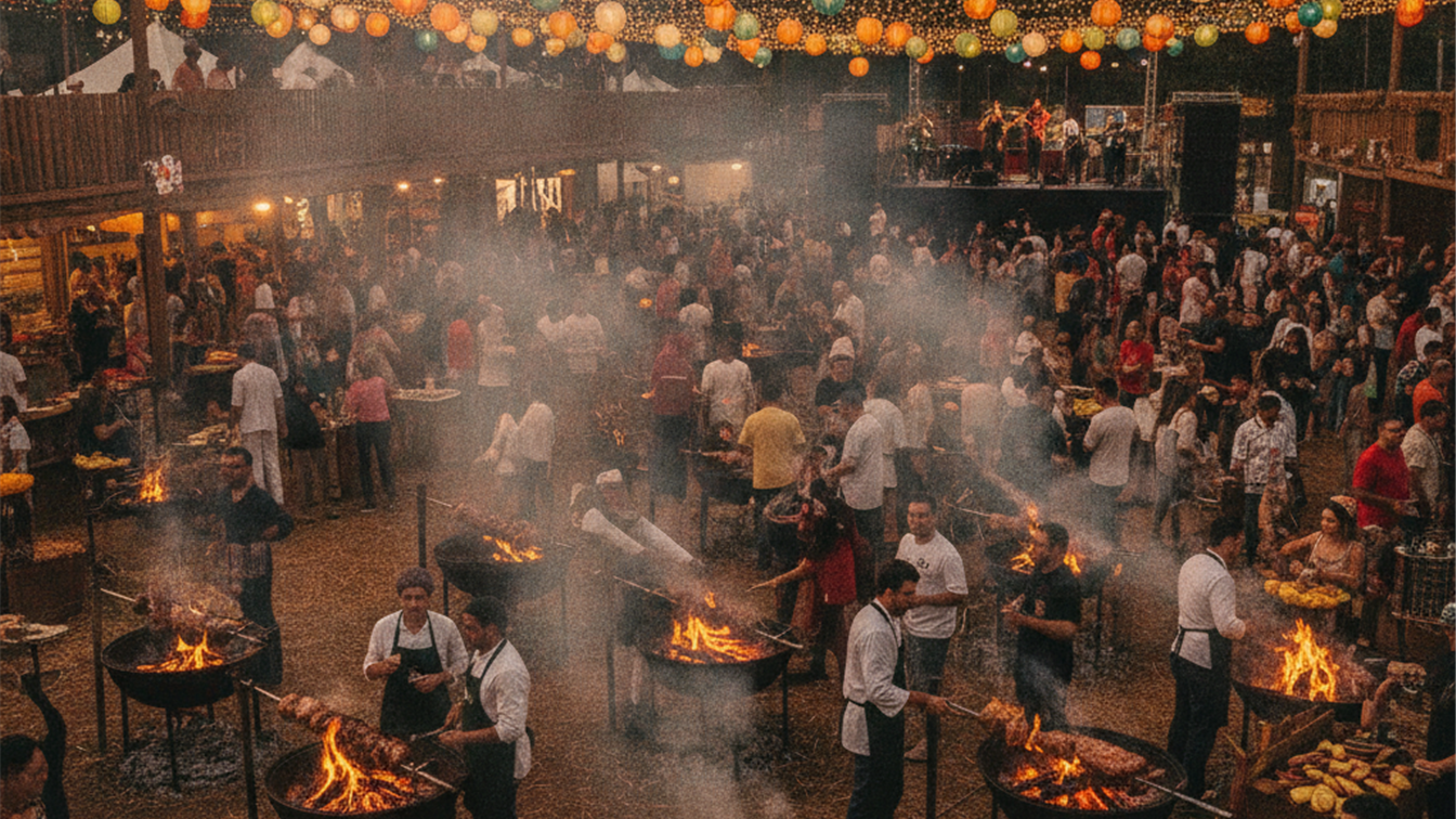Festival de churrasco ao ar livre no Brasil com churrasqueiros e visitantes