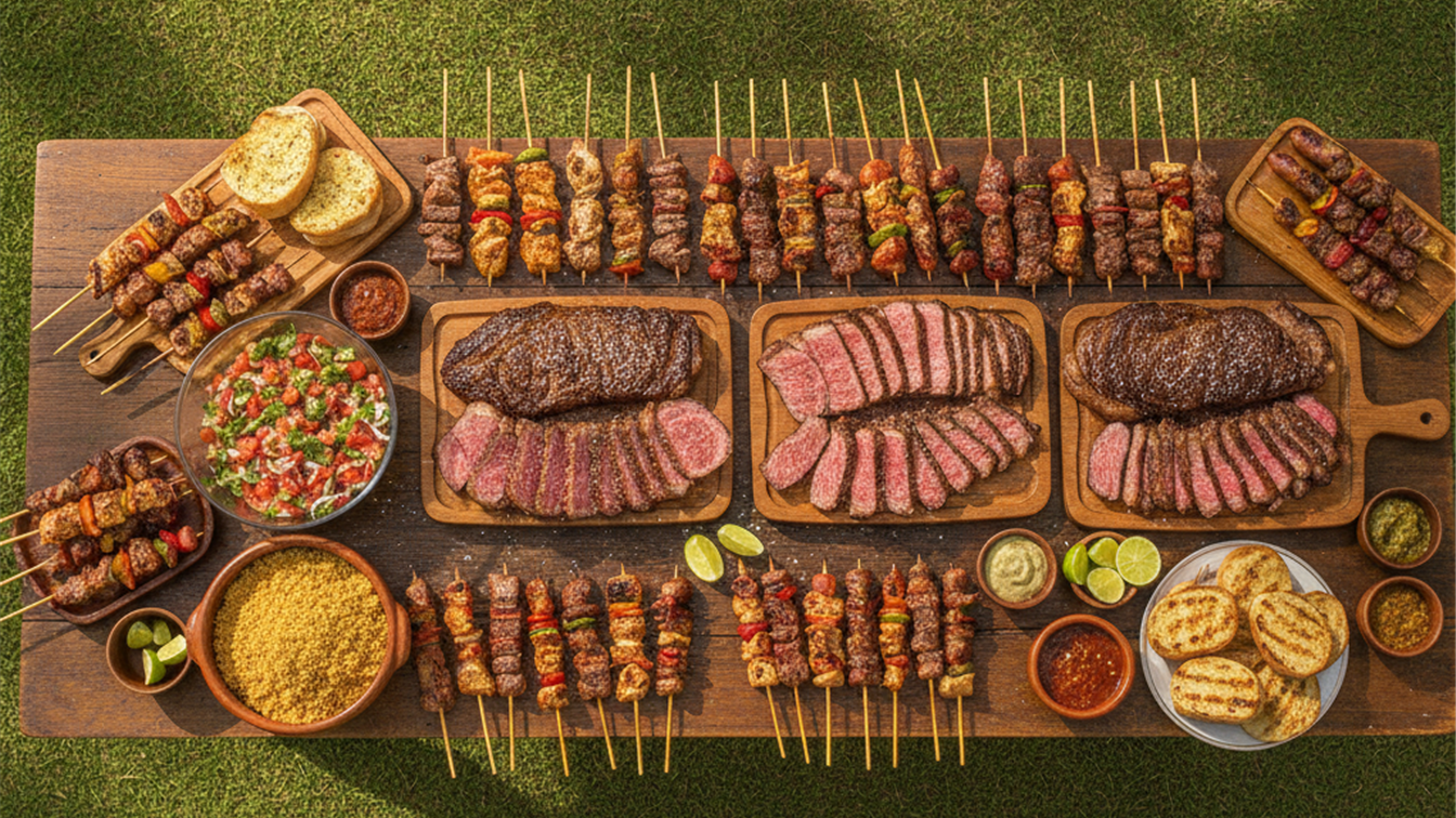 Churrasco brasileiro espalhado em mesa com variedade de carnes e acompanhamentos