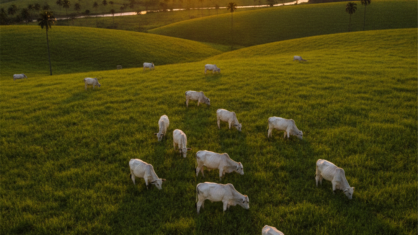 Boi gordo nelore em pasto verde brasileiro ao entardecer