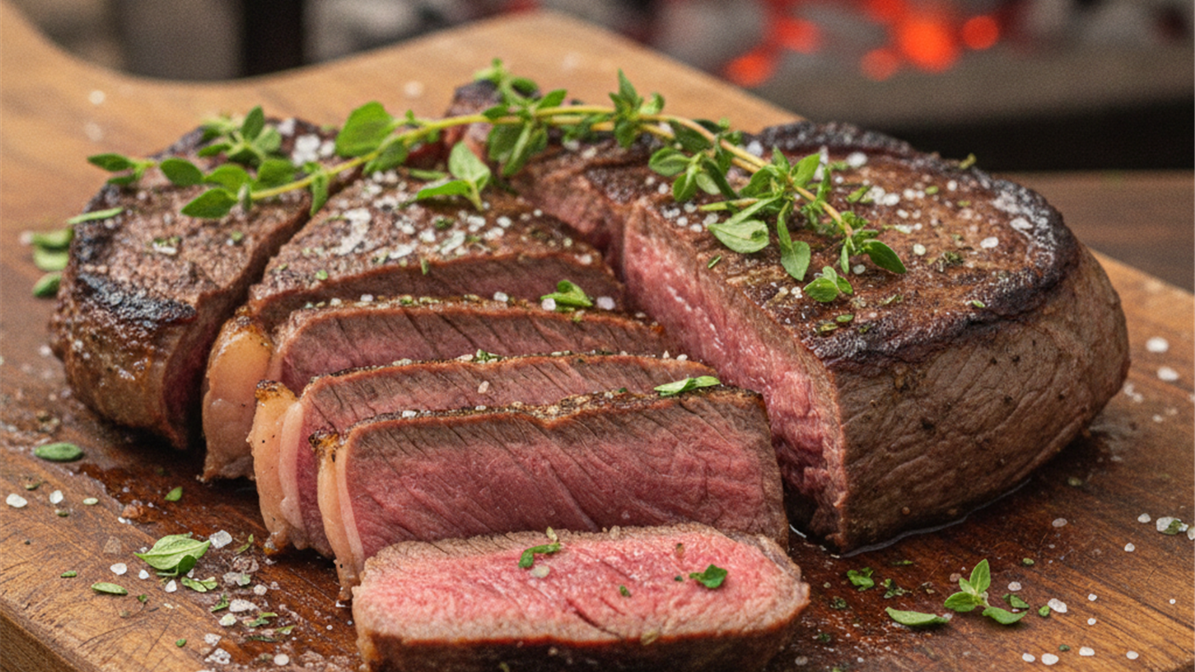 bife de patinho fatiado ao ponto na tabua de madeira