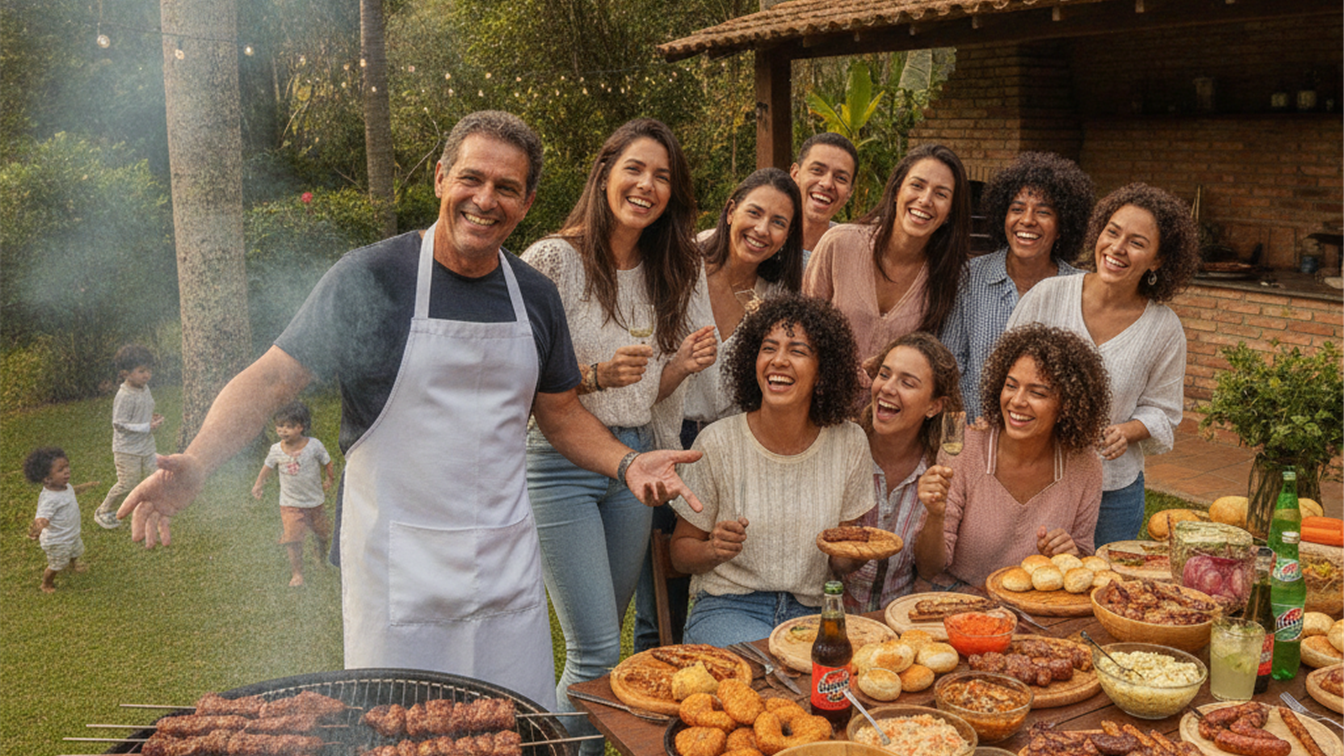 familia no churrasco brasileiro com patinho como prato principal