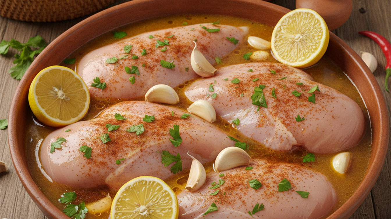 Peito de frango marinado em tigela com limao alho paprica e ervas frescas