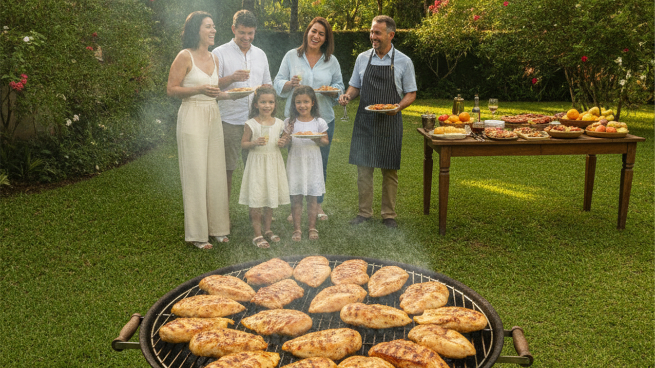 Churrasco familiar ao ar livre com peitos de frango na grelha e familia reunida