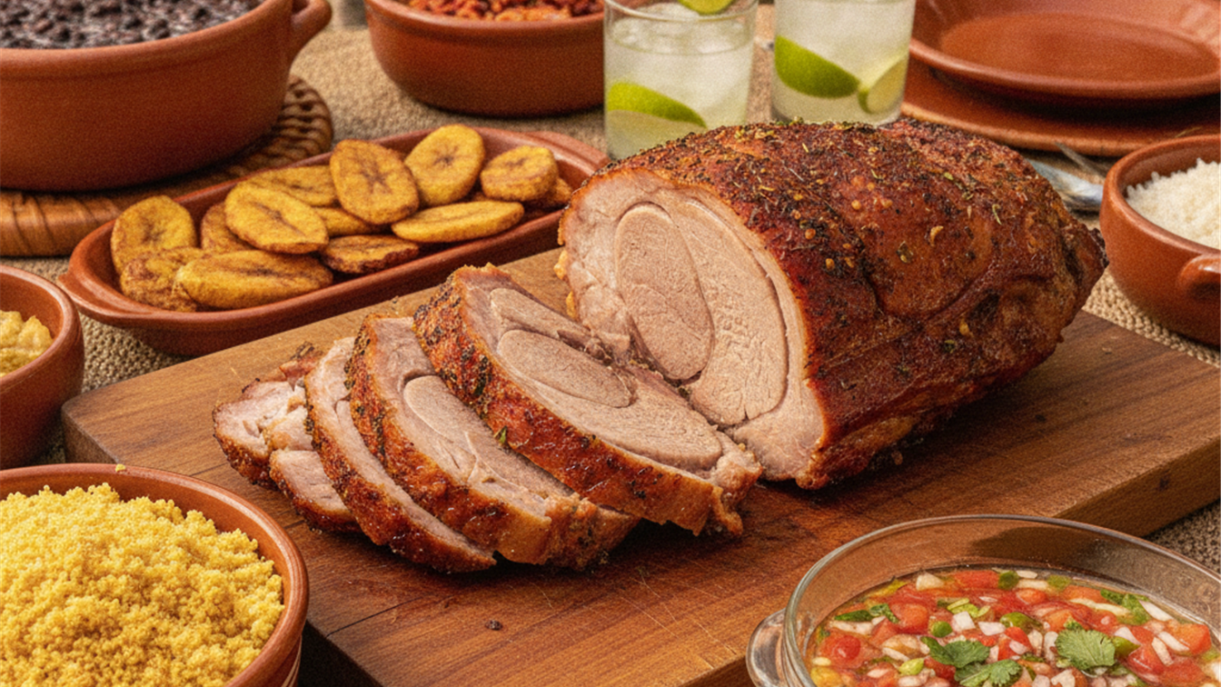 pernil de porco fatiado na tabua com acompanhamentos