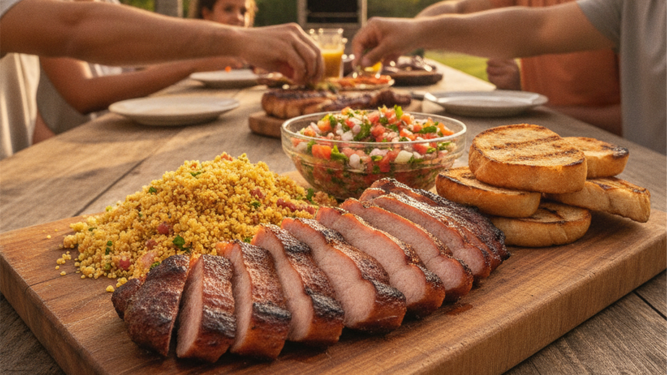 picanha suina fatiada servida com acompanhamentos
