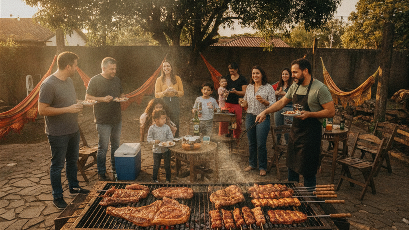 Churrasco gaucho com vazio e familia reunida