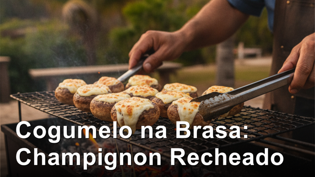 Cogumelos champignon recheados com queijo grelhando na brasa da churrasqueira