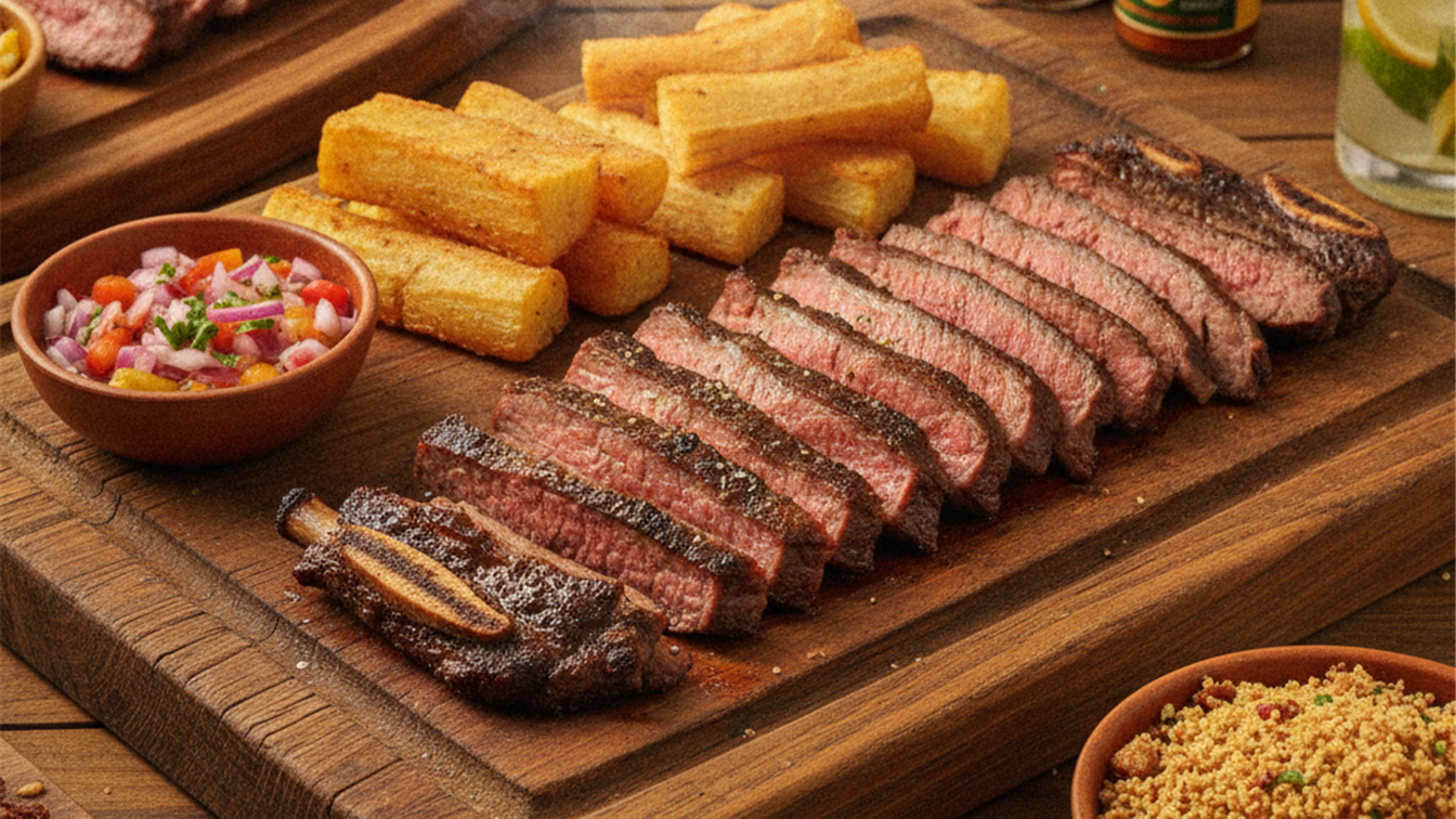 sliced grilled beef ribs with cassava and vinaigrette