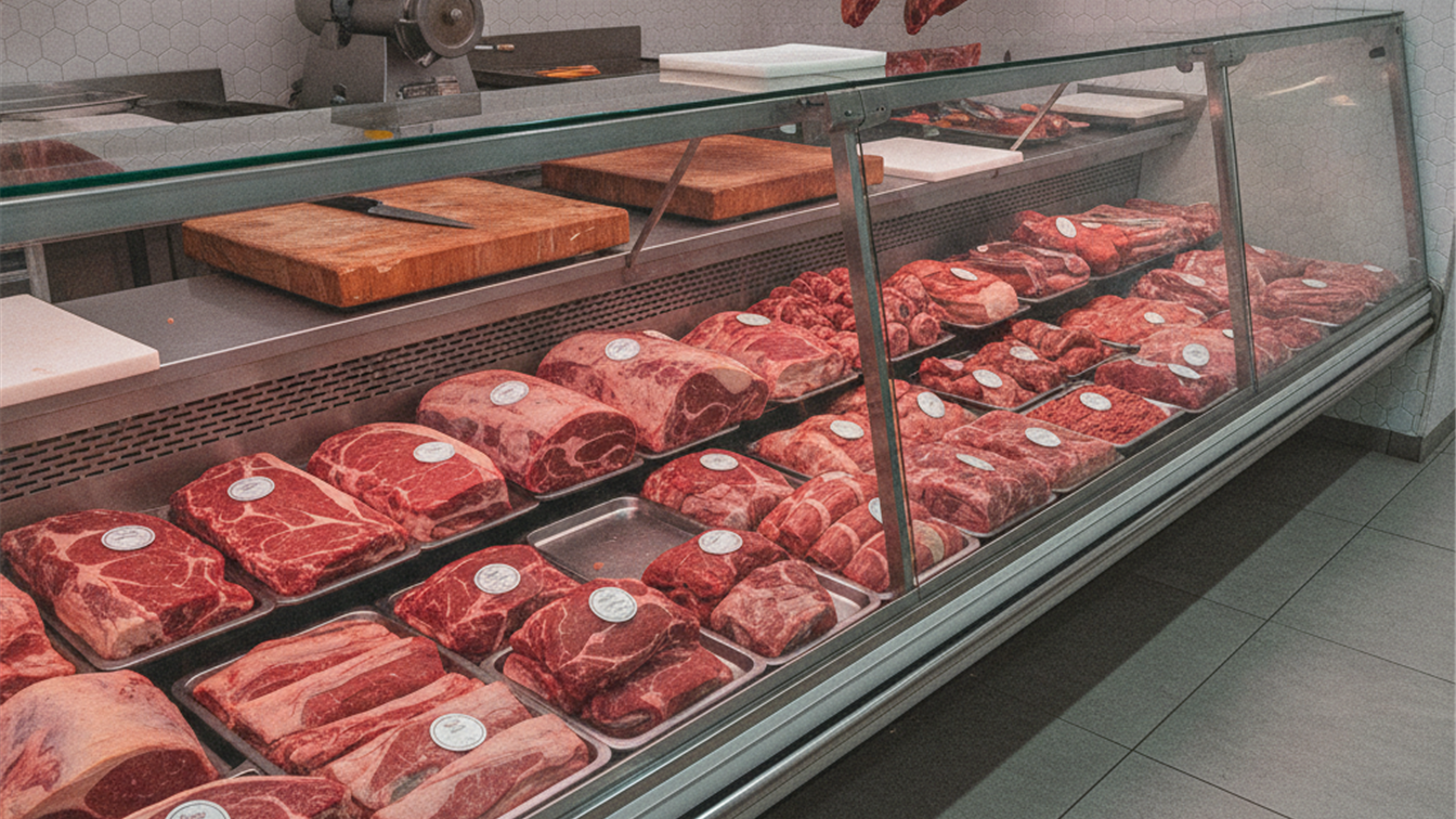 Açougue com cortes de carne bovina expostos em balcão refrigerado
