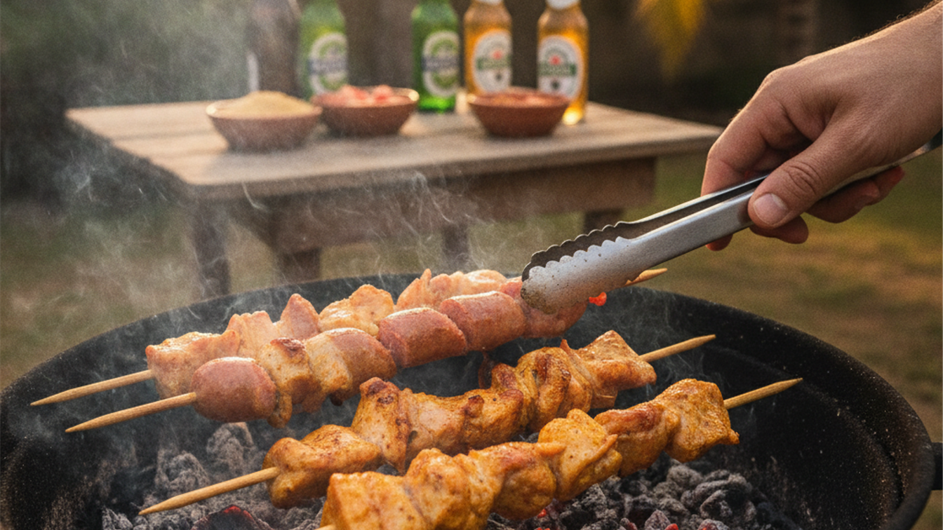 Espetinhos de frango e linguiça na churrasqueira