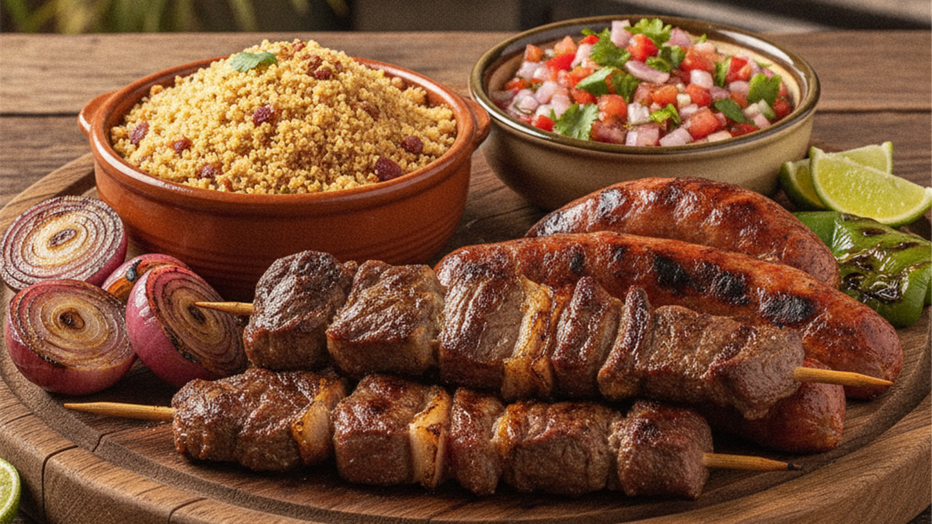 Espetinhos de carne, linguiça, farofa e vinagrete sobre tábua rústica