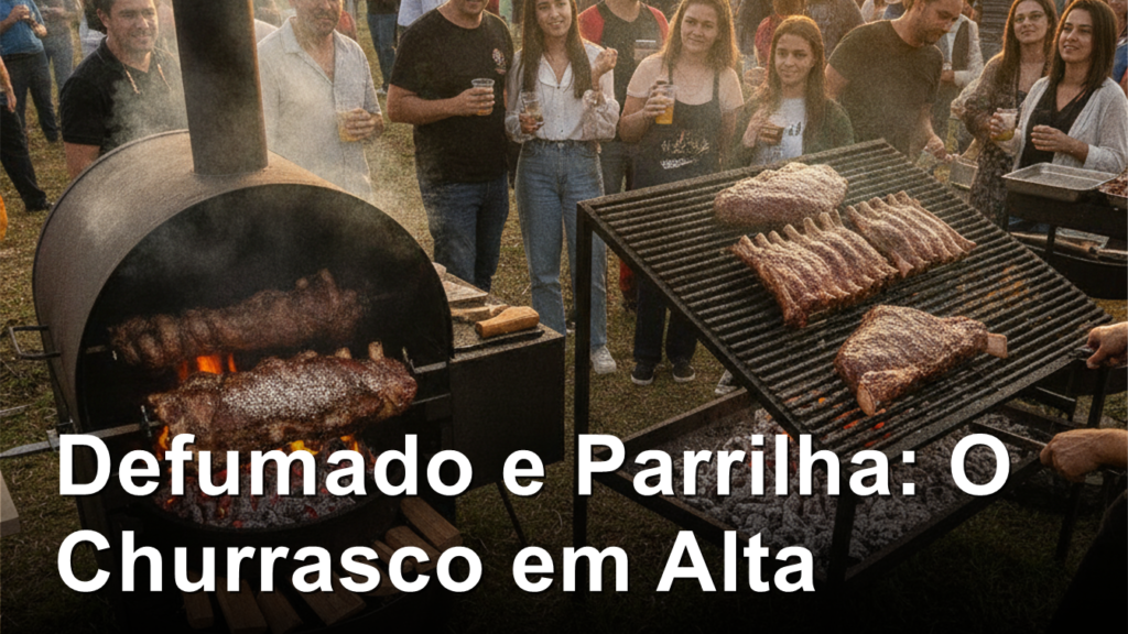 Churrasco com defumador e parrilha em festival de carne