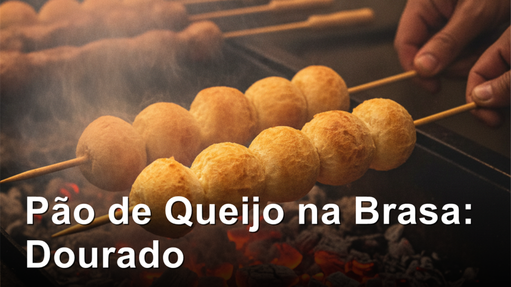 Espetinhos de pao de queijo dourados na brasa da churrasqueira