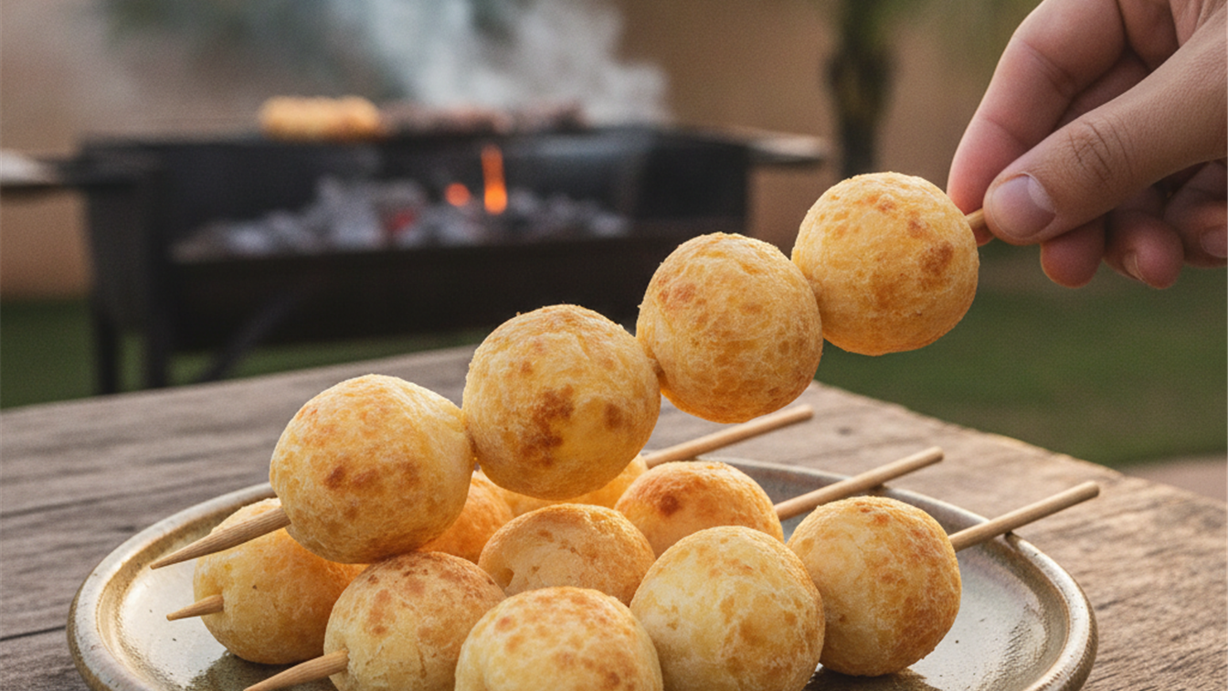 Espetinhos de pao de queijo dourados em um prato rustico com churrasqueira ao fundo
