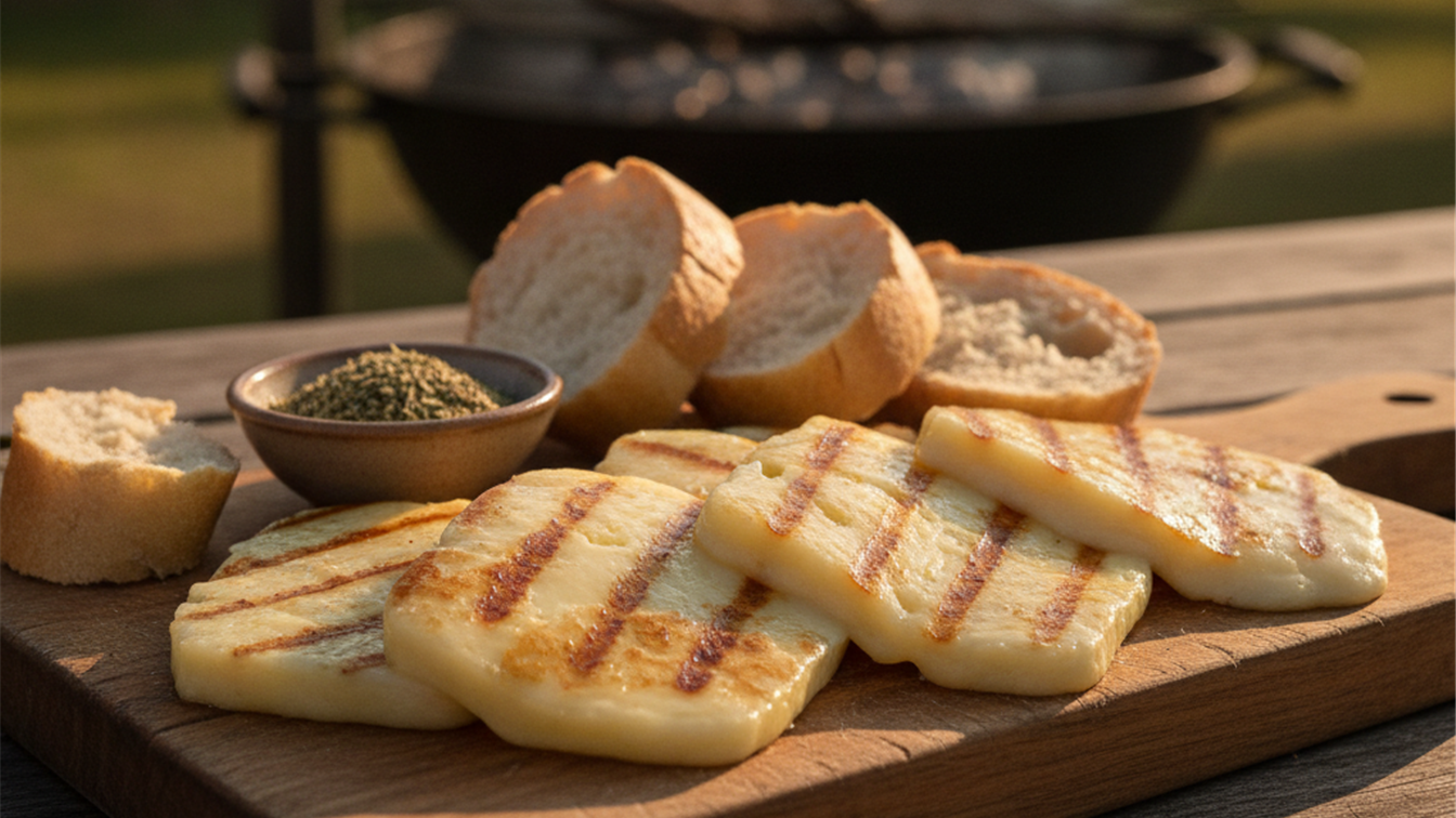Provolone grelhado dourado servido com pao em tabua de madeira